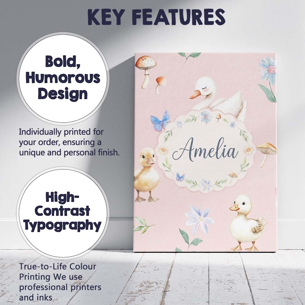 Personalised Name Swan and Ducklings with Custom  Unique Gift Idea Elegant Feature Canvas Wall Art Print Decor Picture Ready to Hang