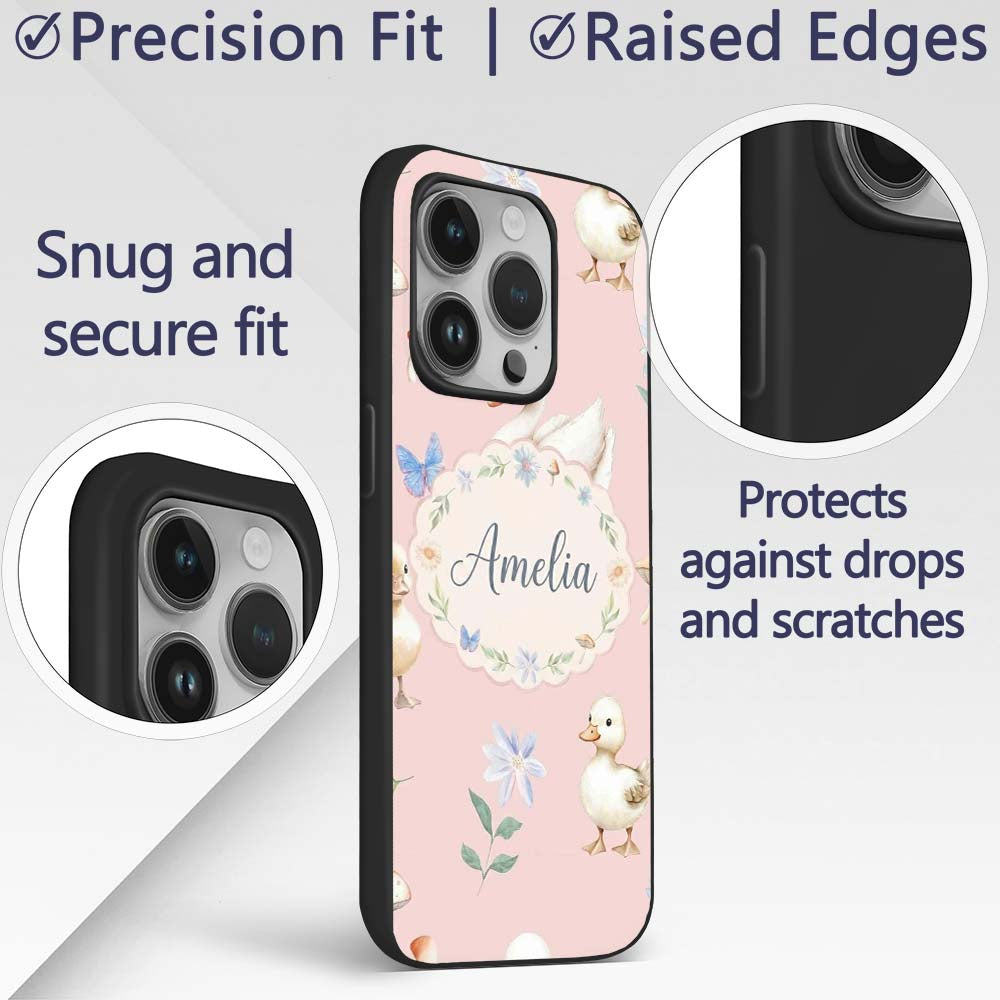 Swan and Ducklings with Flowers Mushrooms Soft Custom Name Protective Phone Case Mobile Cover Durable Everyday Smartphone Shock Resistant