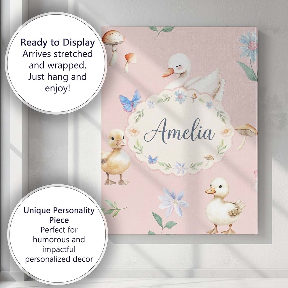 Personalised Name Swan and Ducklings with Custom  Unique Gift Idea Elegant Feature Canvas Wall Art Print Decor Picture Ready to Hang