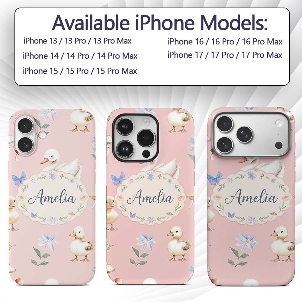 Swan and Ducklings with Flowers Mushrooms Soft Custom Name Protective Phone Case Mobile Cover Durable Everyday Smartphone Shock Resistant