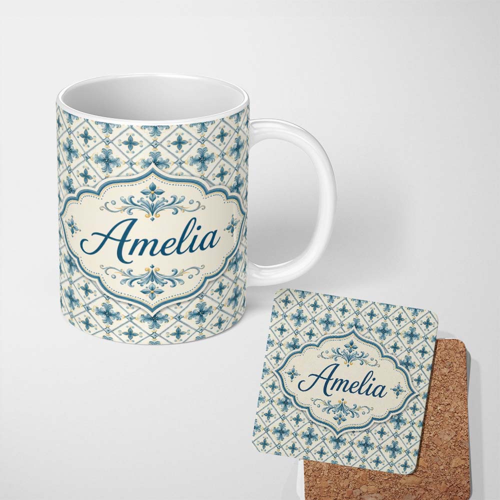 Personalized Custom Name Pale Blue and Cream Traditional Tile Pattern with Floral Medallion 11oz Ceramic Coffee Tea Mug White Large Handle