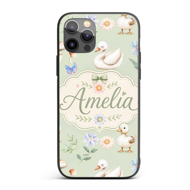 Swan and Ducklings with Flowers Mushrooms Soft Custom Name Protective Phone Case Mobile Cover Durable Everyday Smartphone Shock Resistant