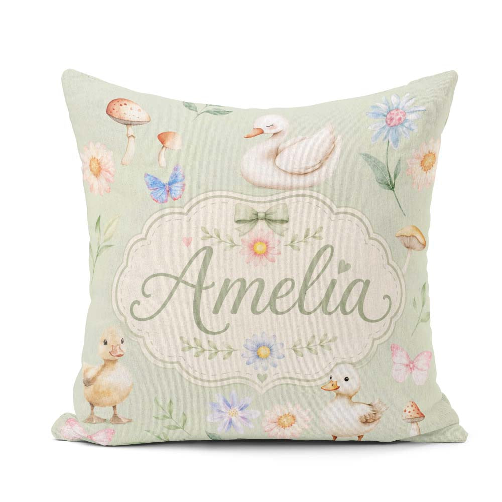 Custom Name Swan and Ducklings with Mushrooms Soft Sage Seamless Square Filled Cushion Throw Pillow Sofa Bed Home Decor Zip Washable UK Made