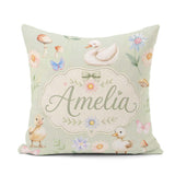 Custom Name Swan and Ducklings with Mushrooms Soft Sage Seamless Square Filled Cushion Throw Pillow Sofa Bed Home Decor Zip Washable UK Made
