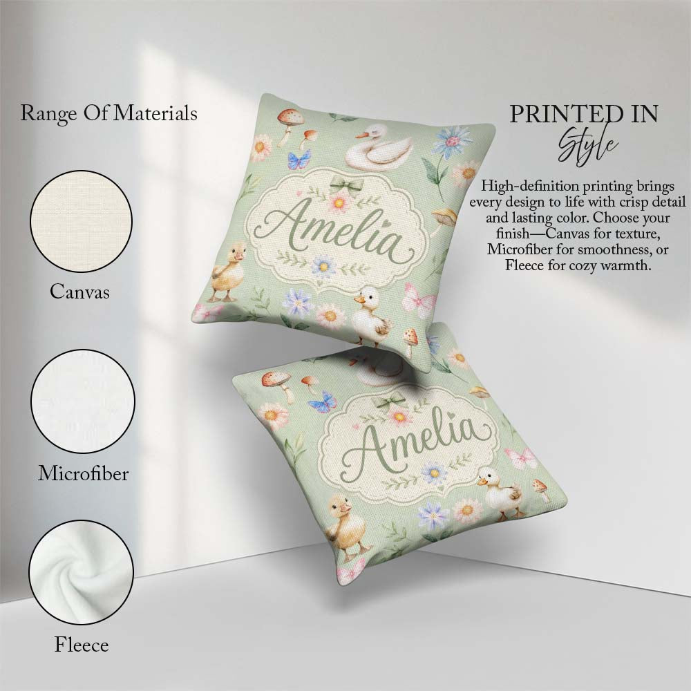 Custom Name Swan and Ducklings with Mushrooms Soft Sage Seamless Square Filled Cushion Throw Pillow Sofa Bed Home Decor Zip Washable UK Made