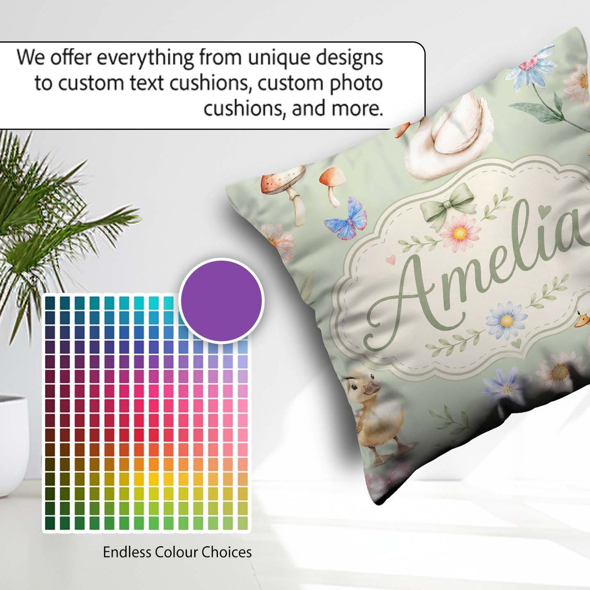 Custom Name Swan and Ducklings with Mushrooms Soft Sage Seamless Square Filled Cushion Throw Pillow Sofa Bed Home Decor Zip Washable UK Made