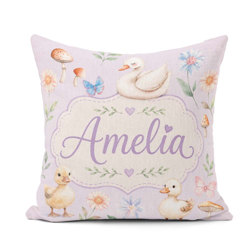 Custom Name Swan and Ducklings with Flowers Mushrooms Soft Lilac Square Filled Cushion Throw Pillow Sofa Bed Home Decor Zip Washable UK Made