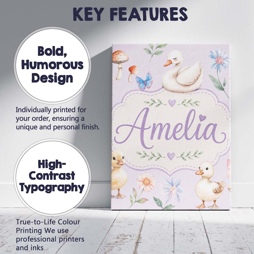 Personalised Name Swan and Ducklings with Custom  Unique Gift Idea Elegant Feature Canvas Wall Art Print Decor Picture Ready to Hang