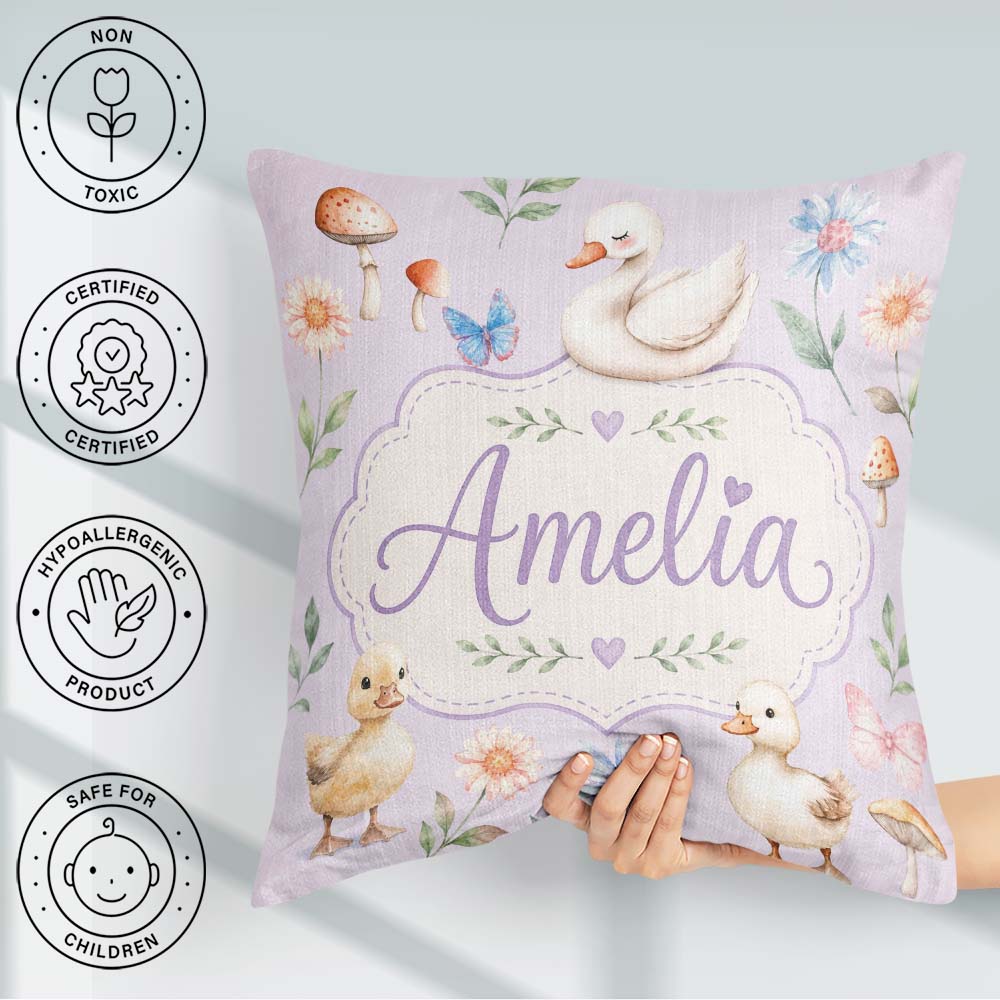 Custom Name Swan and Ducklings with Flowers Mushrooms Soft Lilac Square Filled Cushion Throw Pillow Sofa Bed Home Decor Zip Washable UK Made