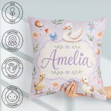 Custom Name Swan and Ducklings with Flowers Mushrooms Soft Lilac Square Filled Cushion Throw Pillow Sofa Bed Home Decor Zip Washable UK Made