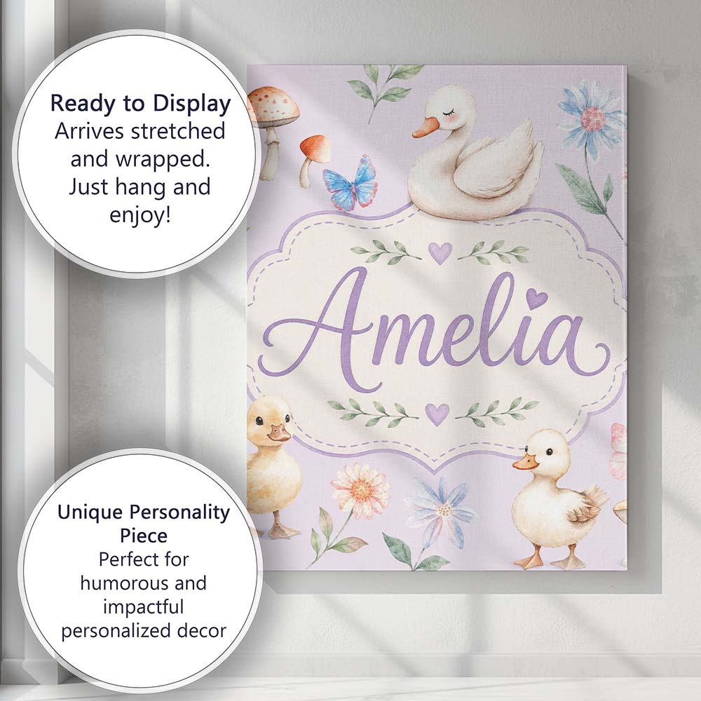 Personalised Name Swan and Ducklings with Custom  Unique Gift Idea Elegant Feature Canvas Wall Art Print Decor Picture Ready to Hang