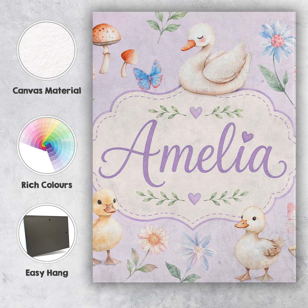 Personalised Name Swan and Ducklings with Custom  Unique Gift Idea Elegant Feature Canvas Wall Art Print Decor Picture Ready to Hang