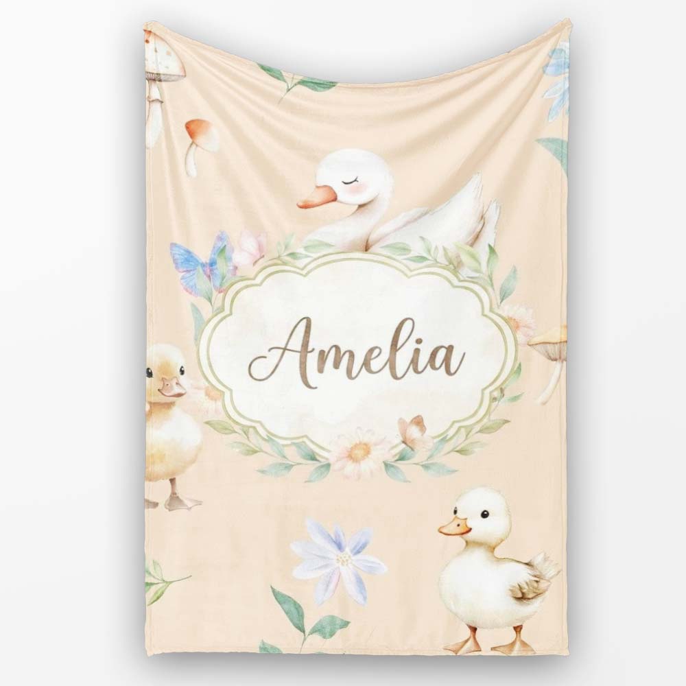 Swan and Ducklings with Flowers Mushrooms Soft Beige Seamless  Personalised Custom Name Super Soft Fleece Blanket Bed Sofa Throw