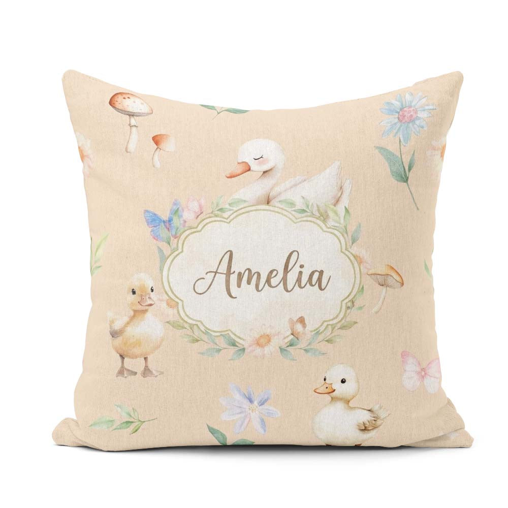 Custom Name Swan and Ducklings with Flowers Mushrooms Soft Beige Square Filled Cushion Throw Pillow Sofa Bed Home Decor Zip Washable UK Made