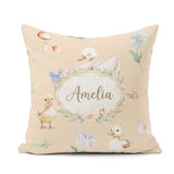 Custom Name Swan and Ducklings with Flowers Mushrooms Soft Beige Square Filled Cushion Throw Pillow Sofa Bed Home Decor Zip Washable UK Made