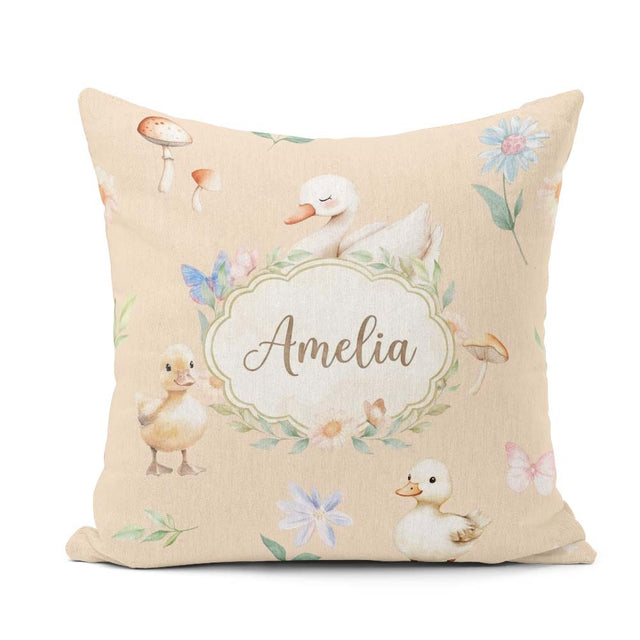 Custom Name Swan and Ducklings with Flowers Mushrooms Soft Beige Square Filled Cushion Throw Pillow Sofa Bed Home Decor Zip Washable UK Made