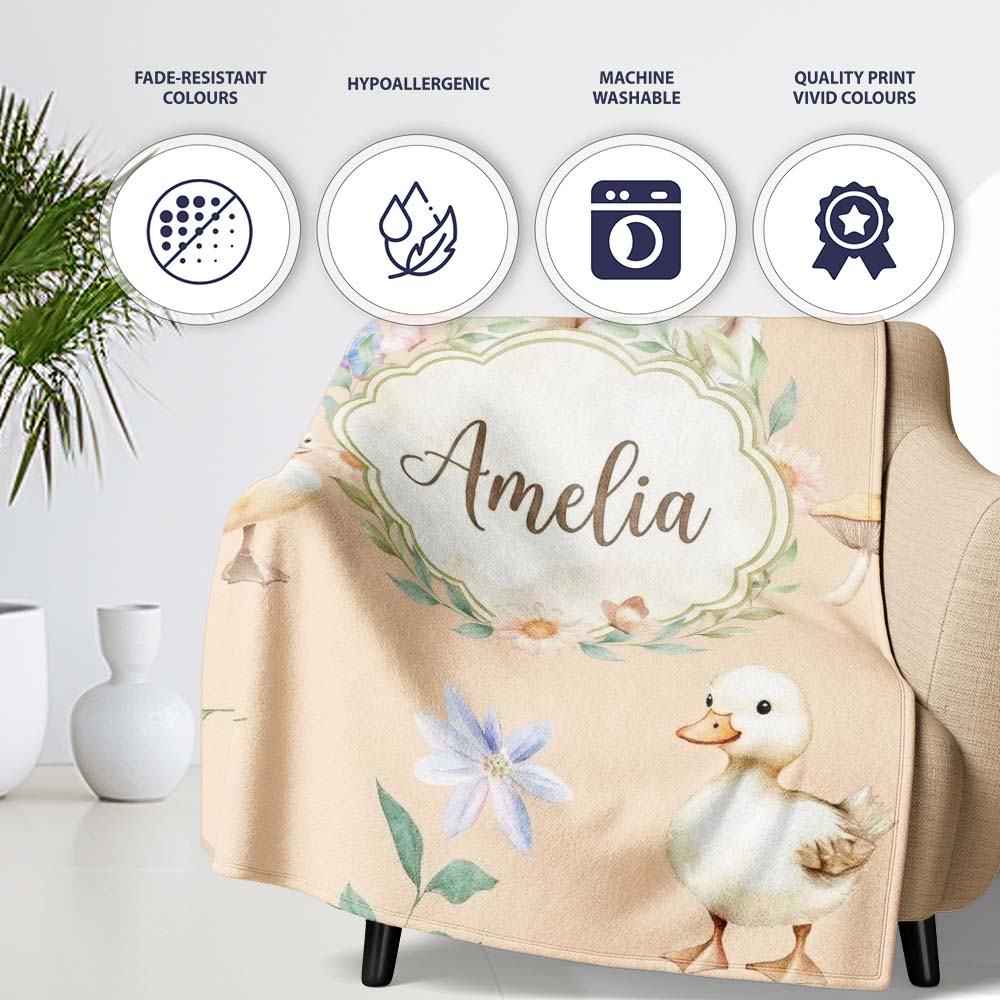 Swan and Ducklings with Flowers Mushrooms Soft Beige Seamless  Personalised Custom Name Super Soft Fleece Blanket Bed Sofa Throw