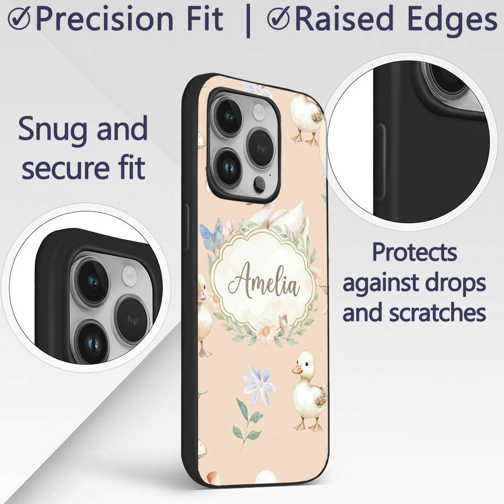 Swan and Ducklings with Flowers Mushrooms Soft Custom Name Protective Phone Case Mobile Cover Durable Everyday Smartphone Shock Resistant