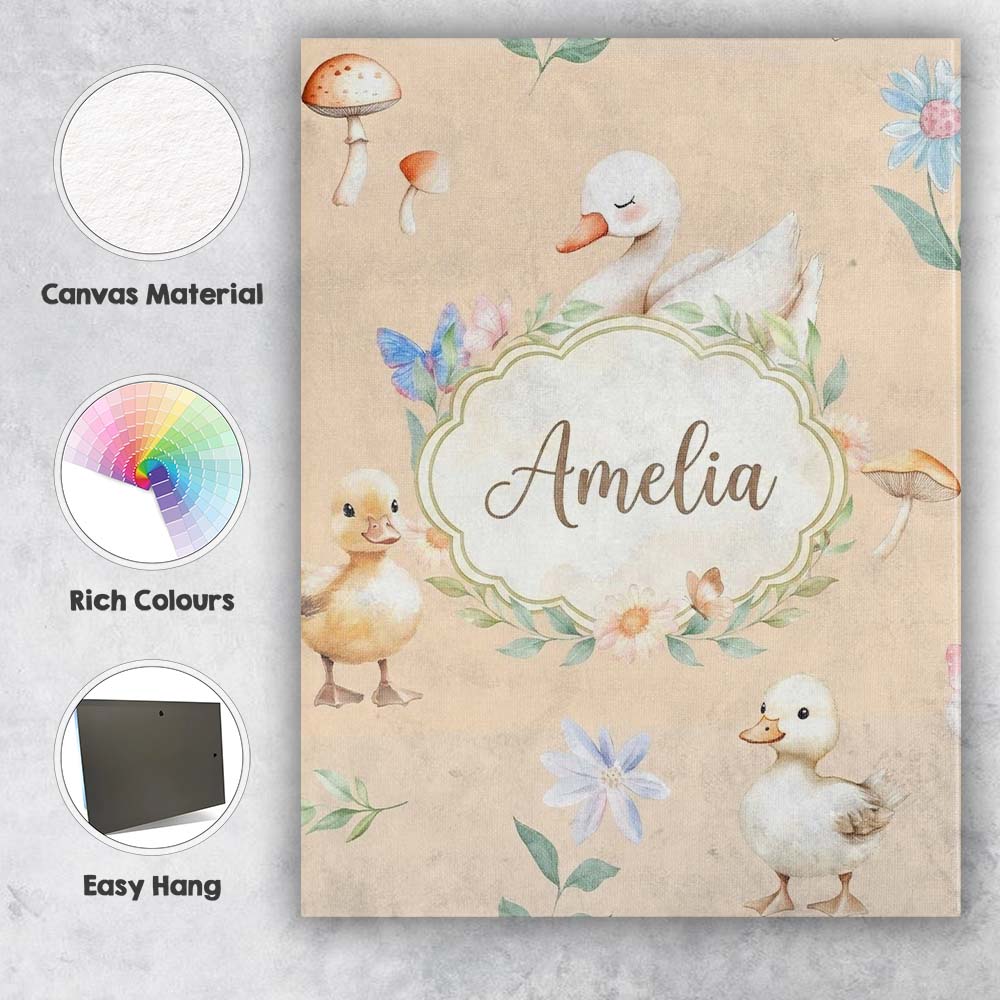 Personalised Name Swan and Ducklings with Custom  Unique Gift Idea Elegant Feature Canvas Wall Art Print Decor Picture Ready to Hang