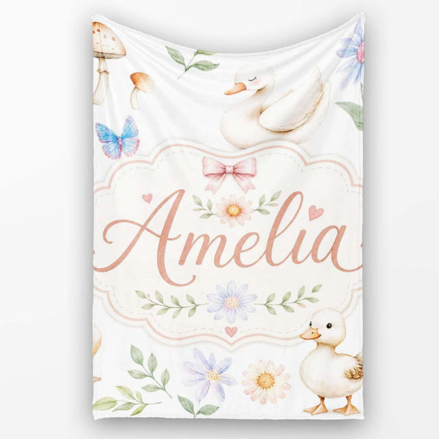 Swan and Ducklings with Flowers Mushrooms Soft White Seamless  Personalised Custom Name Super Soft Fleece Blanket Bed Sofa Throw