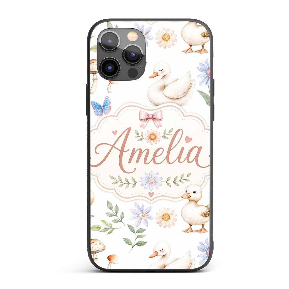 Swan and Ducklings with Flowers Mushrooms Soft Custom Name Protective Phone Case Mobile Cover Durable Everyday Smartphone Shock Resistant