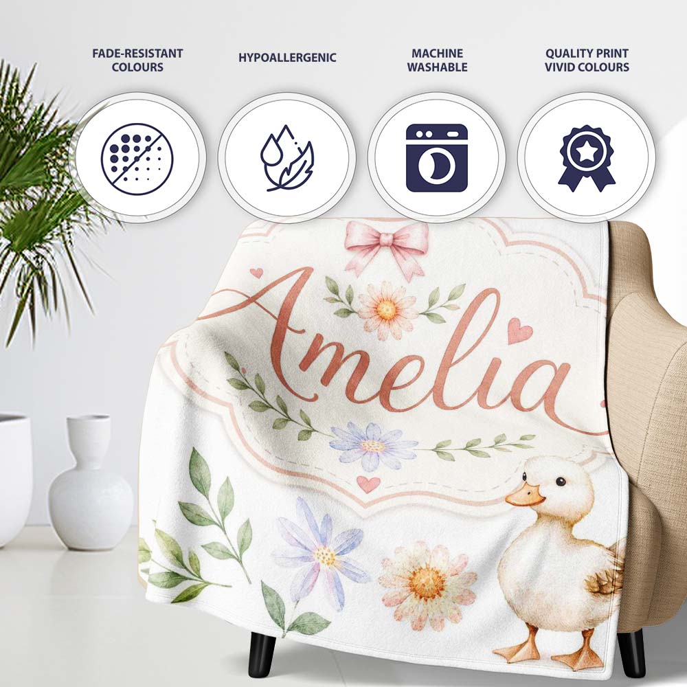 Swan and Ducklings with Flowers Mushrooms Soft White Seamless  Personalised Custom Name Super Soft Fleece Blanket Bed Sofa Throw