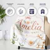 Swan and Ducklings with Flowers Mushrooms Soft White Seamless  Personalised Custom Name Super Soft Fleece Blanket Bed Sofa Throw