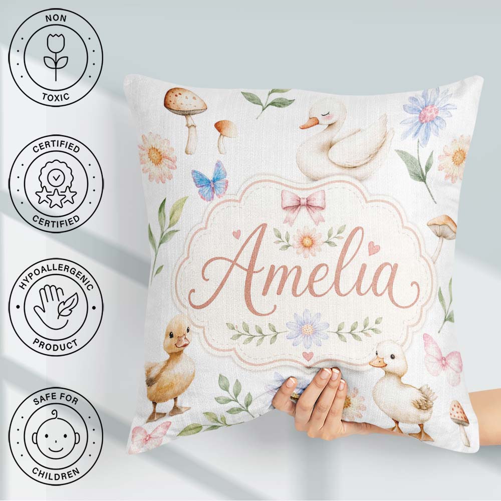 Custom Name Swan and Ducklings with Flowers Mushrooms Soft White Square Filled Cushion Throw Pillow Sofa Bed Home Decor Zip Washable UK Made
