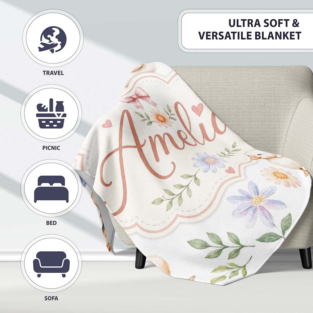 Swan and Ducklings with Flowers Mushrooms Soft White Seamless  Personalised Custom Name Super Soft Fleece Blanket Bed Sofa Throw