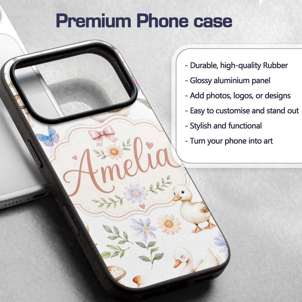 Swan and Ducklings with Flowers Mushrooms Soft Custom Name Protective Phone Case Mobile Cover Durable Everyday Smartphone Shock Resistant