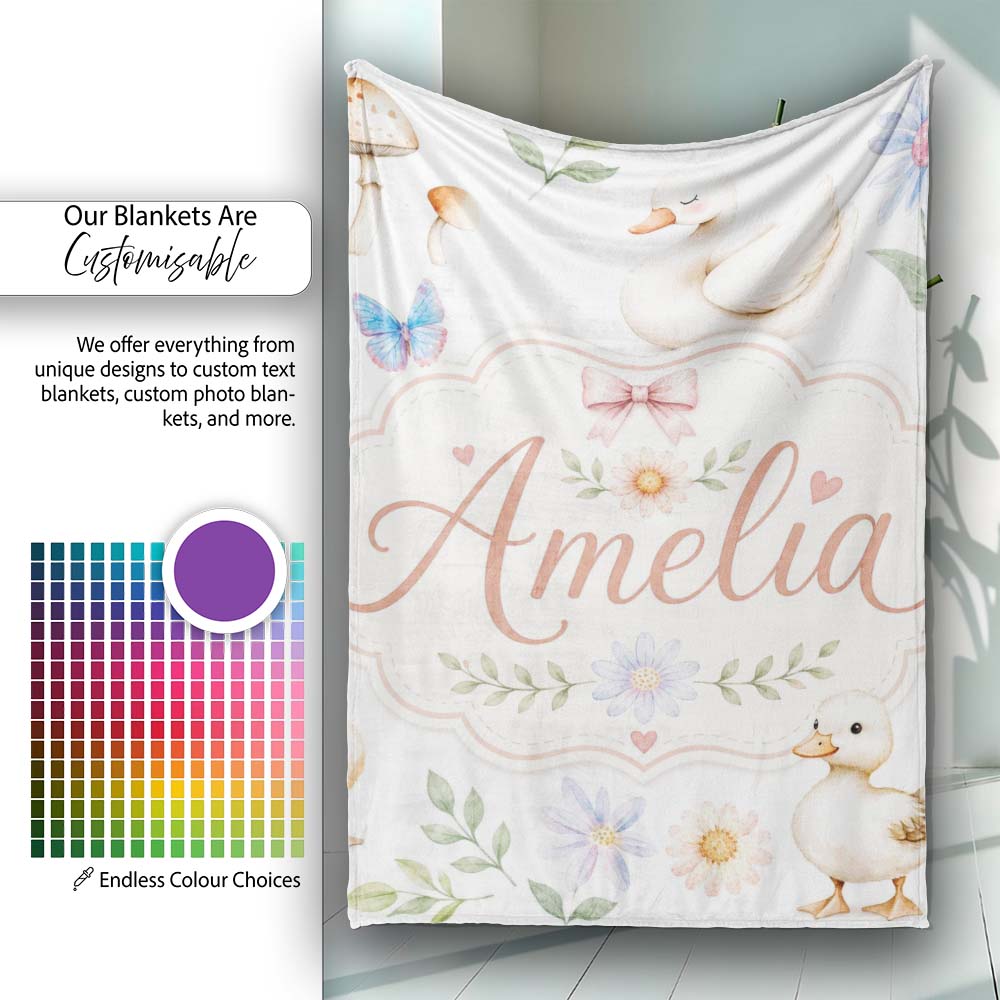 Swan and Ducklings with Flowers Mushrooms Soft White Seamless  Personalised Custom Name Super Soft Fleece Blanket Bed Sofa Throw