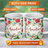 Personalized Custom Name Cute Christmas Poinsettia Holly Candy Cane Festive Seamless Pattern 11oz Ceramic Coffee Tea Mug White Large Handle