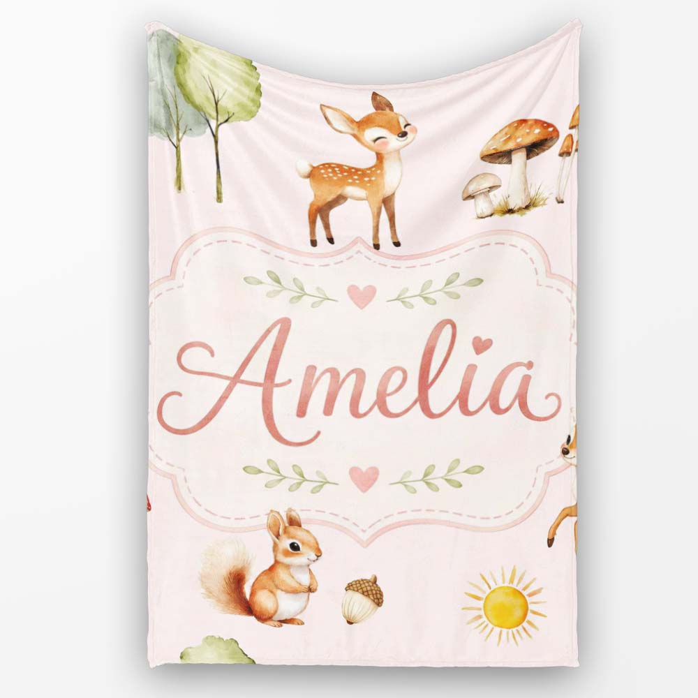 Woodland Deer Fox Squirrel with Trees Mushrooms Soft Pink Seamless  Personalised Custom Name Super Soft Fleece Blanket Bed Sofa Throw