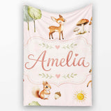 Woodland Deer Fox Squirrel with Trees Mushrooms Soft Pink Seamless  Personalised Custom Name Super Soft Fleece Blanket Bed Sofa Throw