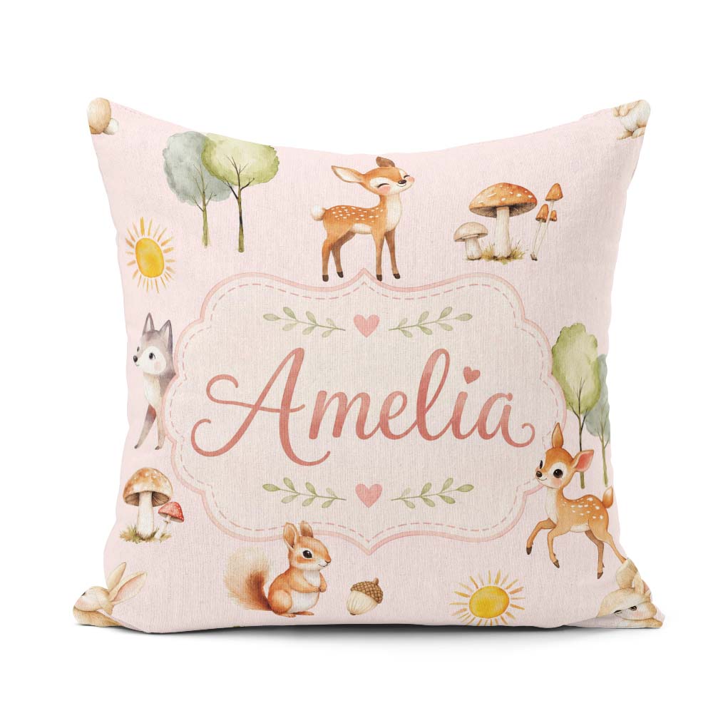 Custom Name Woodland Deer Fox Squirrel with Trees Mushrooms Soft Square Filled Cushion Throw Pillow Sofa Bed Home Decor Zip Washable UK Made