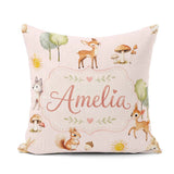 Custom Name Woodland Deer Fox Squirrel with Trees Mushrooms Soft Square Filled Cushion Throw Pillow Sofa Bed Home Decor Zip Washable UK Made