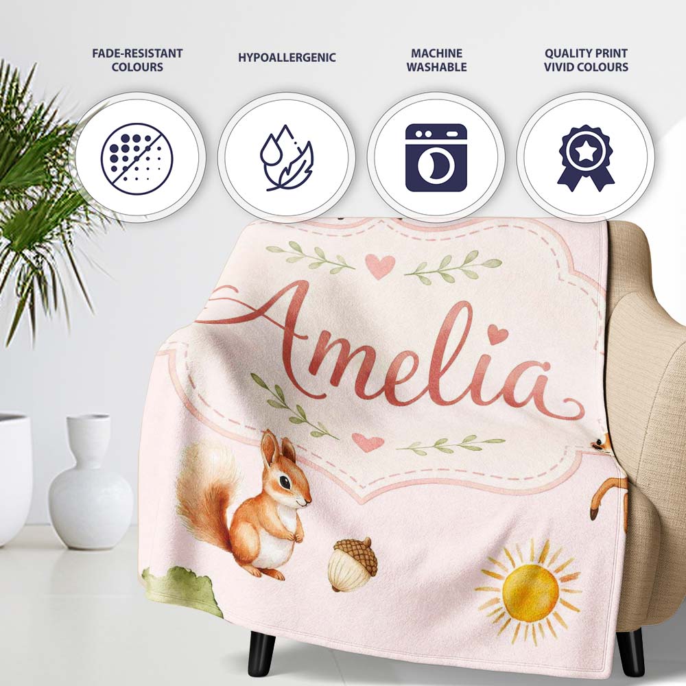Woodland Deer Fox Squirrel with Trees Mushrooms Soft Pink Seamless  Personalised Custom Name Super Soft Fleece Blanket Bed Sofa Throw