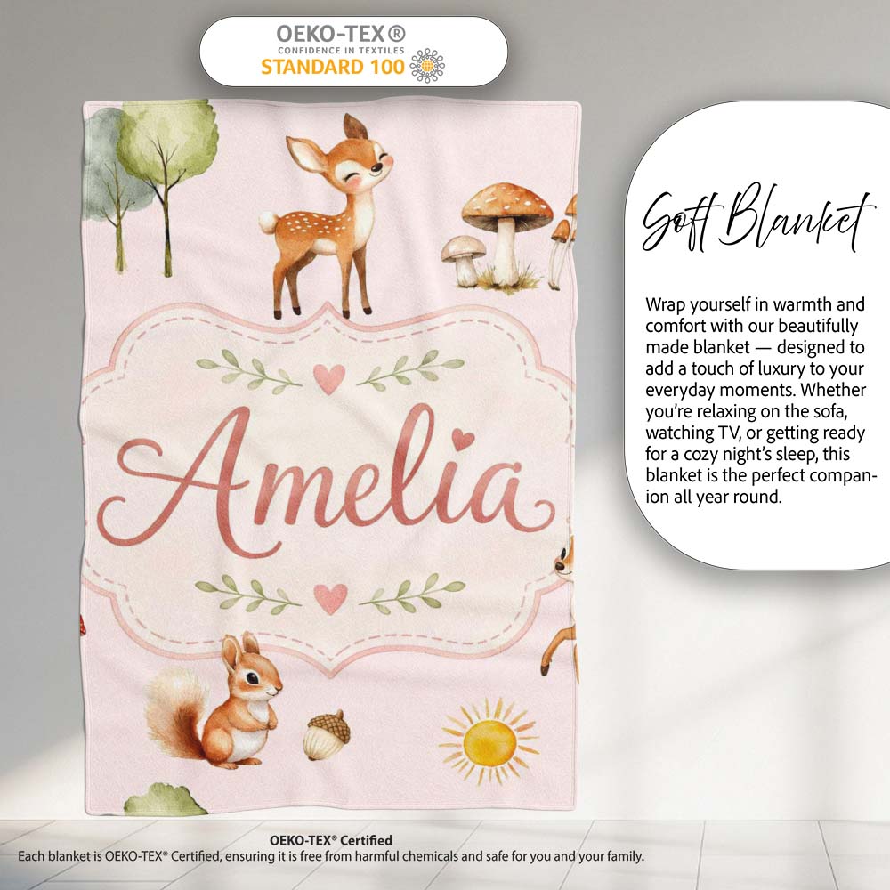 Woodland Deer Fox Squirrel with Trees Mushrooms Soft Pink Seamless  Personalised Custom Name Super Soft Fleece Blanket Bed Sofa Throw