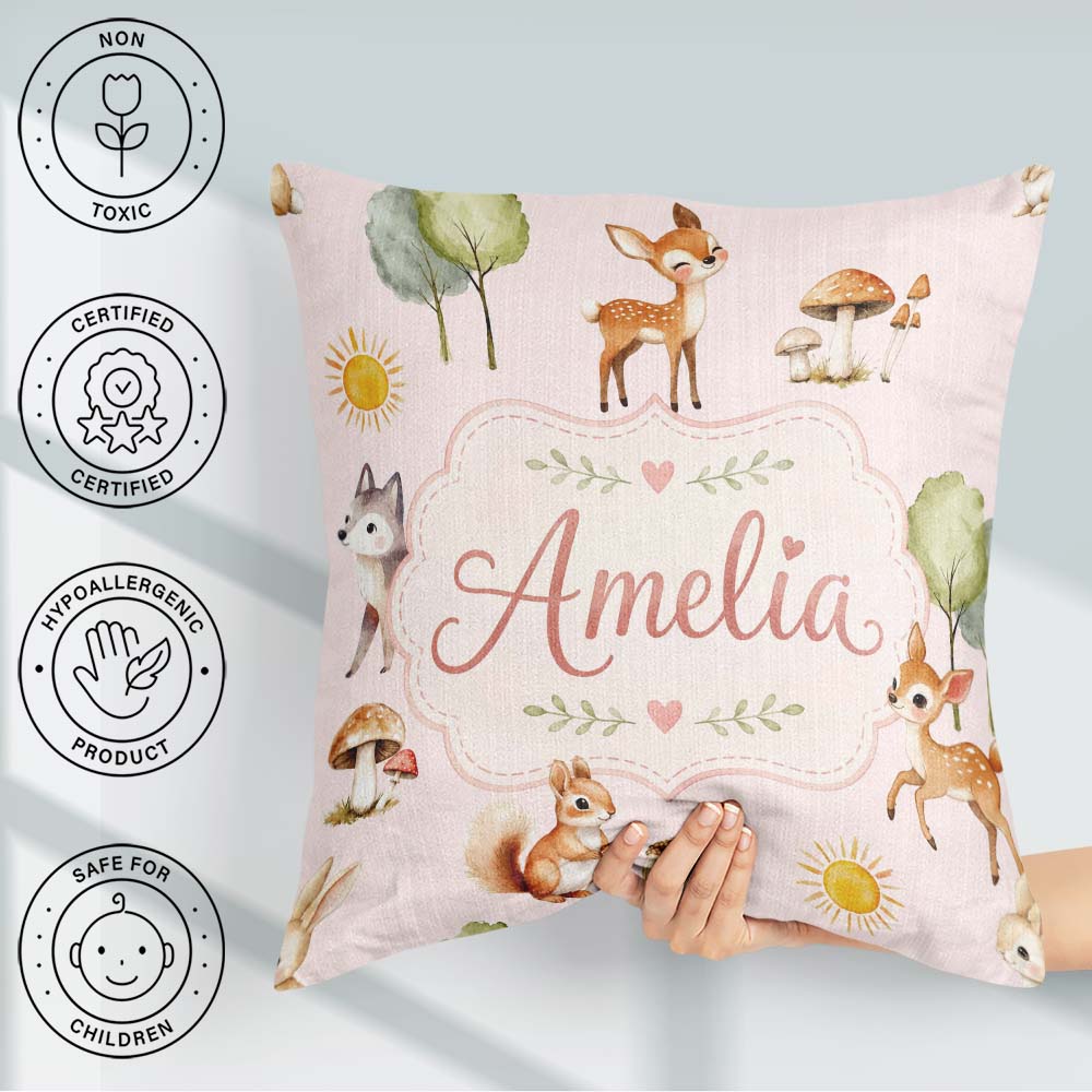 Custom Name Woodland Deer Fox Squirrel with Trees Mushrooms Soft Square Filled Cushion Throw Pillow Sofa Bed Home Decor Zip Washable UK Made