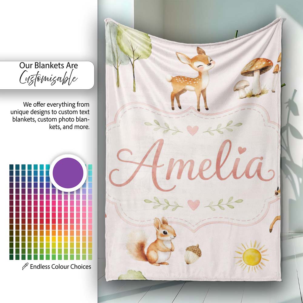 Woodland Deer Fox Squirrel with Trees Mushrooms Soft Pink Seamless  Personalised Custom Name Super Soft Fleece Blanket Bed Sofa Throw