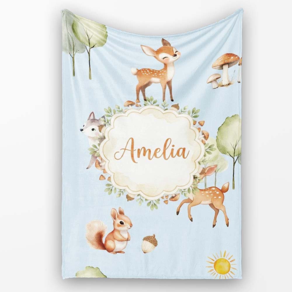 Woodland Deer Fox Squirrel Trees Mushrooms Sun Soft Blue Seamless  Personalised Custom Name Super Soft Fleece Blanket Bed Sofa Throw