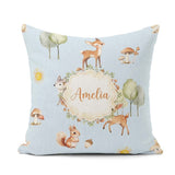 Custom Name Woodland Deer Fox Squirrel Trees Mushrooms Soft Blue Square Filled Cushion Throw Pillow Sofa Bed Home Decor Zip Washable UK Made