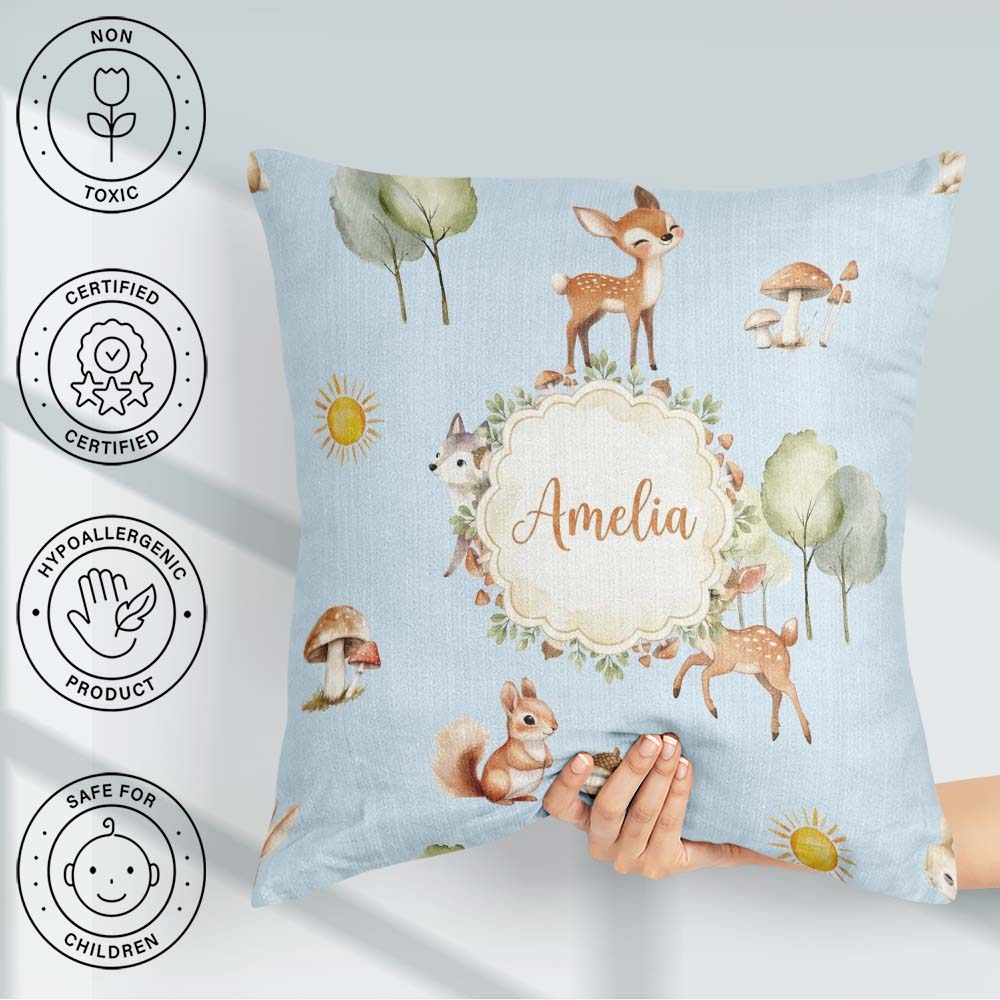 Custom Name Woodland Deer Fox Squirrel Trees Mushrooms Soft Blue Square Filled Cushion Throw Pillow Sofa Bed Home Decor Zip Washable UK Made