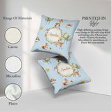 Custom Name Woodland Deer Fox Squirrel Trees Mushrooms Soft Blue Square Filled Cushion Throw Pillow Sofa Bed Home Decor Zip Washable UK Made