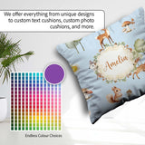 Custom Name Woodland Deer Fox Squirrel Trees Mushrooms Soft Blue Square Filled Cushion Throw Pillow Sofa Bed Home Decor Zip Washable UK Made