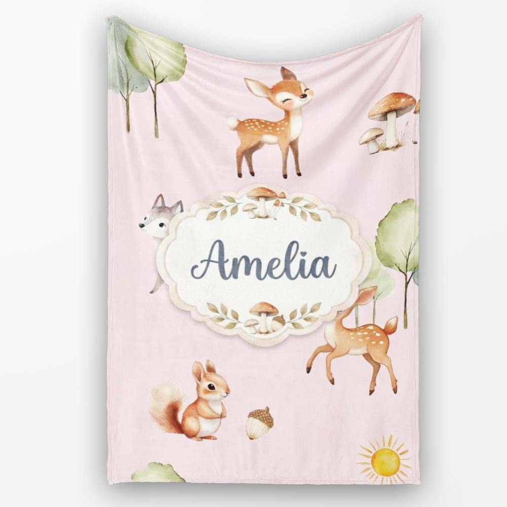 Woodland Deer Fox Squirrel Trees Mushrooms Sun Soft Pink Seamless  Personalised Custom Name Super Soft Fleece Blanket Bed Sofa Throw