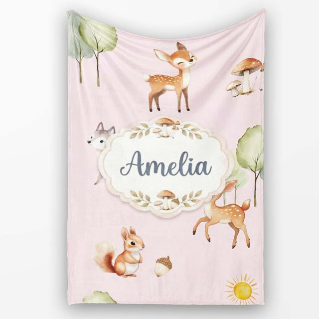 Woodland Deer Fox Squirrel Trees Mushrooms Sun Soft Pink Seamless  Personalised Custom Name Super Soft Fleece Blanket Bed Sofa Throw