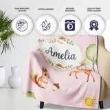 Woodland Deer Fox Squirrel Trees Mushrooms Sun Soft Pink Seamless  Personalised Custom Name Super Soft Fleece Blanket Bed Sofa Throw