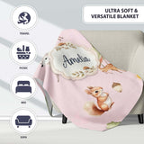 Woodland Deer Fox Squirrel Trees Mushrooms Sun Soft Pink Seamless  Personalised Custom Name Super Soft Fleece Blanket Bed Sofa Throw