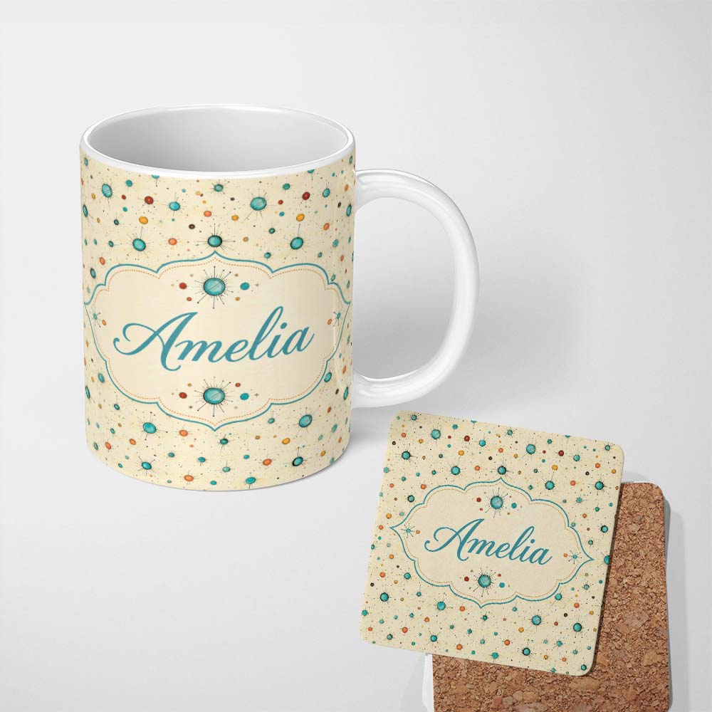 Personalized Custom Name Atomic Mid Century Space Dots Seamless Pattern Teal Orange Abstract 11oz Ceramic Coffee Tea Mug White Large Handle